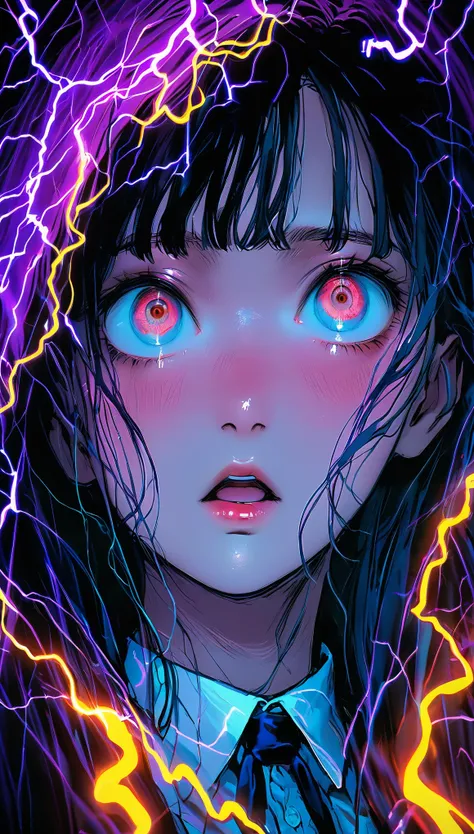 Surreal horror, Anime Style, Supervised by Junji Ito, High Contrast、high school student、thunder、storm、Vibrant colors, Spooky atmosphere, psychological tension, Complex line drawing, Beheaded