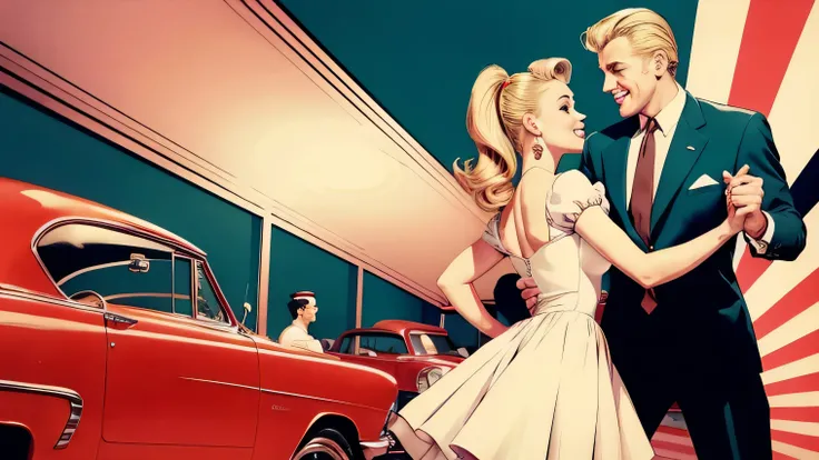 America in the 1950s, 50s illustration style, A beautiful blonde woman with a ponytail is dancing the twist in front of a 50s convertible, Man and woman dancing the twist in American comic book style