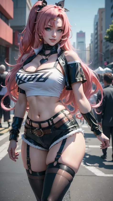 Nicole demara da zenless zone zero,(best qualityer,4K,8k,high resolution,work of art:1.2)(weather: windy), tokyo street background, shopping district, wide hips, thick thighs, long curly hair, pink hair, cropped shirt, short sleeve cropped jacket, tight mi...