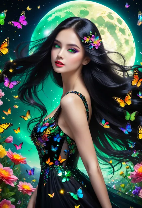 in a beautiful black dress of colorful and iridescent flowers, vibrant, as if made of stardust, captured in half-length, a stunning girl, beautiful detailed face, crystal clear green eyes, long flowing black hair, elegant poses, amidst butterflies colorful...