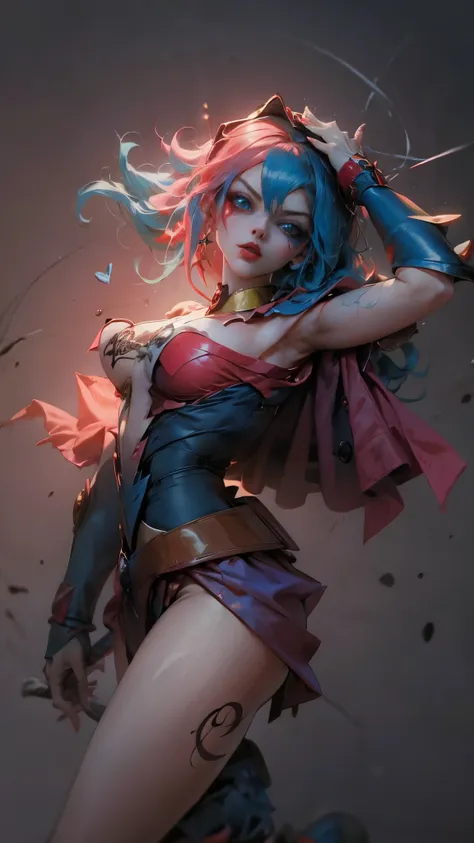 beautiful and sensual dark magician gils dressed as harley quinn. red and blue hair. red lips. blue eyes. sensual and threatenin...