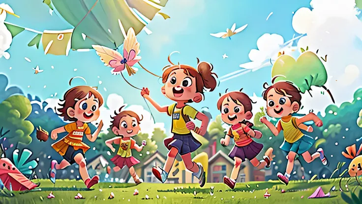 (SFW), A group of running，Flying a kite on the lawn, Happy, Happy, Perfect quality, Clear focus, (Clutter - Home: 0.8), (masterpiece: 1.2) (Practical: 1.2) (Bokeh) () (Delicate skin: 1.3) (Intricate details) (8K) (Eye details) (Clear focus), (Happy)