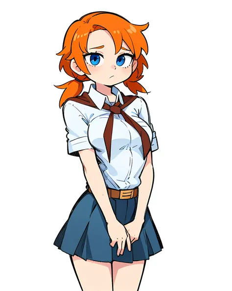 solo, 1girl, upper body, orange hair, short twintails, blue eyes, skirt, shirt, neck scarf tie