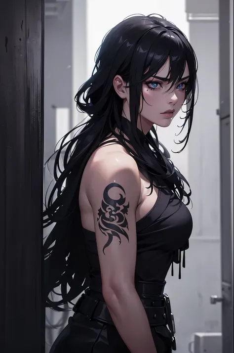 a girl with tattoos, leaning against a wall in a dark alley, samurai standing next to her, beautiful detailed eyes, beautiful detailed lips, extremely detailed face and eyes, long eyelashes, dramatic lighting, chiaroscuro, dark grungy urban setting, moody ...