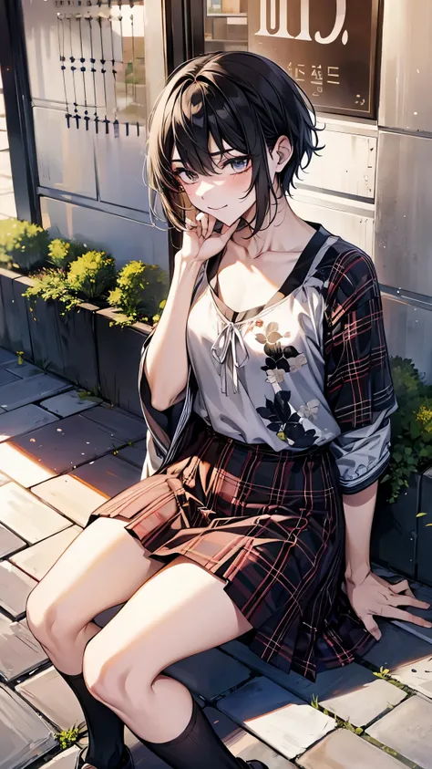 ((One Boy)),((Fem Boy)),((crossdresser)),Black Short Hair,Slender body,((full body)),((Flat Chest)),sleepy,dissatisfaction,Irritation,smirk,boy  sitting on a bench in a black top and plaid skirt, plaid skirt, dressed with long fluent clothes, gorgeous lady...