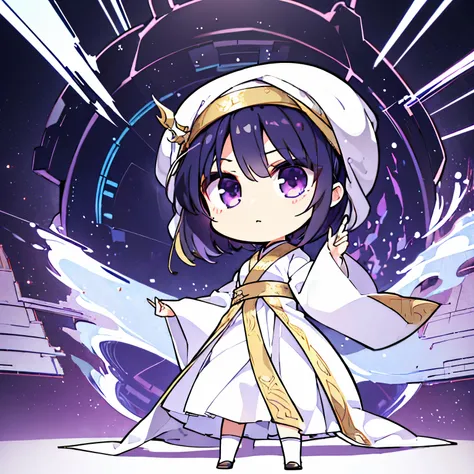 ((Best Quality, High resolution, Perfect Pixel, 4K)), (Beautiful anime), Depth of written boundary、
One Boy、

(White turban,White Robe:1.2), wide sleeves,

Purple Eyes, Black Hair, Short Hair、

(Chibi Character:1.1)、From below、