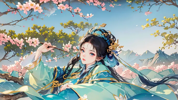 Perfect face，A coquettish expression，Beautiful pavilion，Spring is in full swing，Look to the top left，Exquisite Hanfu