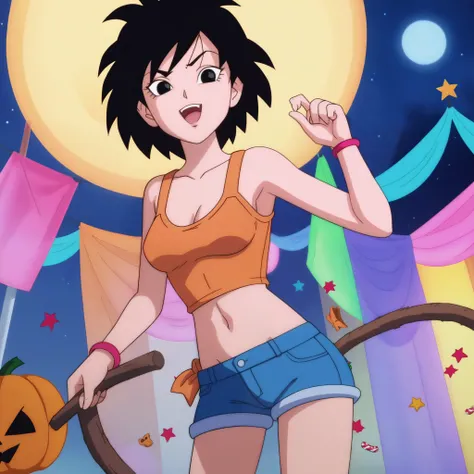 source_anime, score_9,score_8_up, score_7_up, ginedb, anime screencap, indoor, ((party)), Halloween decorations, candy bats, house party, night party, club, neon lights, yellowish orange lighting,
1girl, solo, breasts, looking at viewer, short hair, v-s...