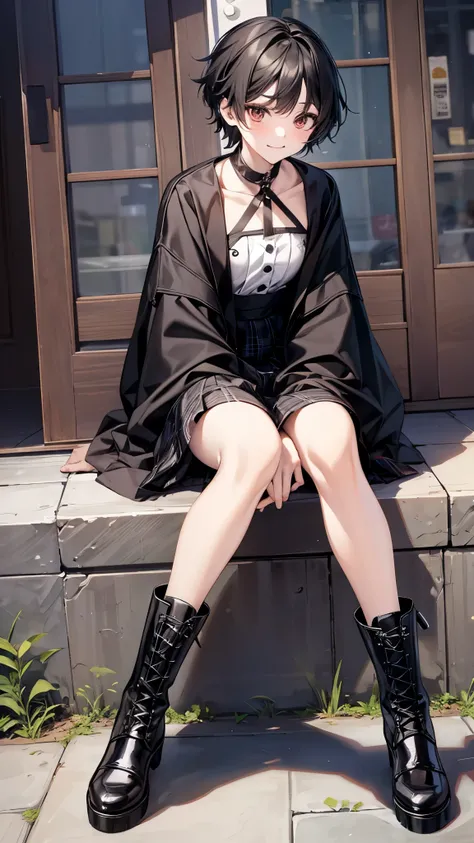 ((One Boy)),((Fem Boy)),((crossdresser)),Black Short Hair,Slender body,((full body)),((Flat Chest)),sleepy,dissatisfaction,Irritation,smirk,boy  sitting on a bench in a black top and plaid skirt, plaid skirt, dressed with long fluent clothes,black long pla...