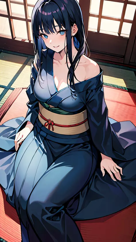 adult woman,anime,High angle,looking up,downturned eyes,blue eyes,small nose,full lips,medium black hair,playful smile,off-the-shoulder,dark blue kimono,bangs,overweight,sitting,Japanese room