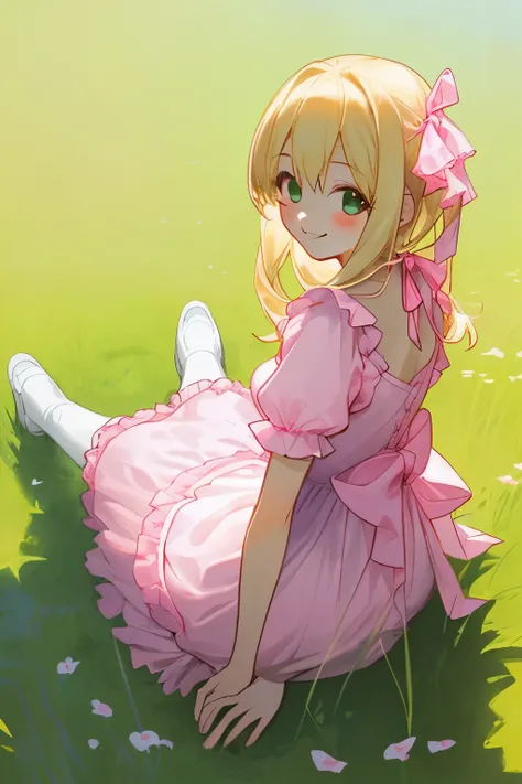 I would like an illustration of a blonde white girl sitting on the grass from behind.。The girl was wearing a frilly pink dress.、Please put a big pink ribbon in your hair.。Girl is smiling。