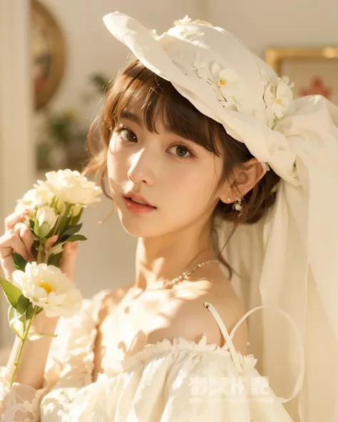Close up of a woman wearing a wedding dress and holding flowers, Larissa Manoval, Best Face, Guweizu, White Hime Cut Hairstyle, Written by Ayami Kojima, sakimichan, spiritual beauty, Jinyoung Shin, Kaishikun, Chiho, Lin, Dreamy and transcendent, Milky skin...
