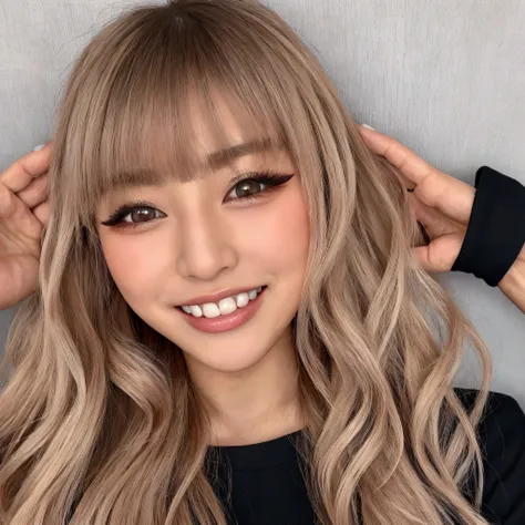 Japanese　Gal　Straight ahead、The face you see　Slightly droopy eyes　Heavy female make-up　濃いめのGal系メイクアップ　blonde　　Long Hair　Curly hair - vertical rolls　Eyelash extensions　Dark black mascara　Smiling face with teeth bared