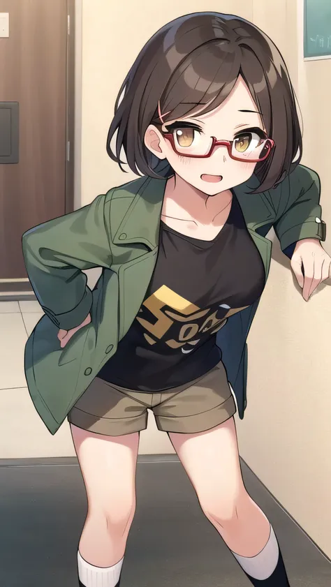 Long bangs, brown hair, red glasses, brown eyes, (large breasts: 1.0), (medium hair:1.2), boyish, green coat, brown T-shirt, Beige shorts, elementary school student, very short, hairpin, young face, strong-willed personality, , young girl, round eyes, long...