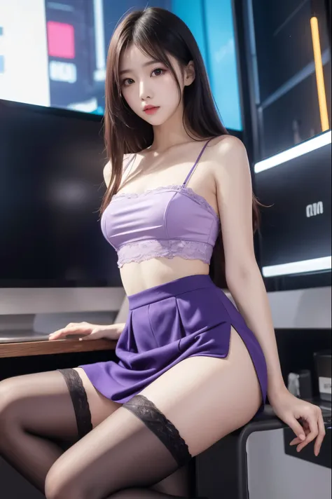 best quality，Stockings，Purple skirt，A girl，Bare shoulders，Cyberpunk，best quality，8K，Lace top