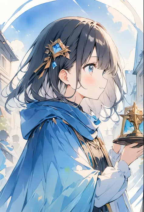 absurdres,watercolor,oil,超High resolution, Attention to detail, high quality, High resolution, 最high quality, 4K, 8K, Awards, (artwork)、Clear sky、cute、Black Hair、short、hair ornaments、A work that emphasizes the sky and blue、posters、(Costumes of fantasy worl...