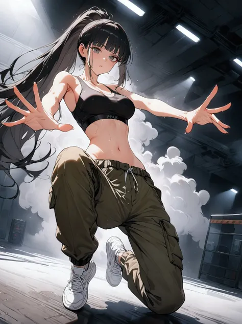 tall, slender woman, (168cm height:1.2), (black hair:1.2), long straight hair, high ponytail, (sharp V-shaped jawline:1.2), BREAK dance, Artistic jumps, break dance, Strenuous movements, Dynamism, Cyberpunk, Blade Runner atmosphere, Steam is coming out of ...