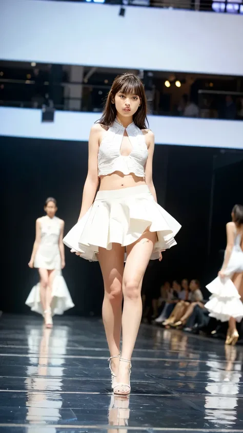 A woman in a white miniskirt walks down the runway, Fashion Runway, Colorful Fashion, Crazy Fashion Show, Minimalist Fashion Dress, Catwalk Photos, Creativity in Fashion Design, Frills, Colorful and fantastic costumes, Fashion Model, High Fashion Design, R...