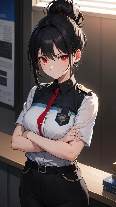 [[[ ultra-detailed, best quality, soft skin, beautiful face, masterpiece, close-up, modern setting, anime]]], inside the police police station background, black hair, long hairstyle, hair-up, red eyes, attorney fashion, serious expression, standing up, arm...