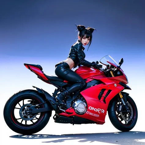 juri from street fighter, ride motorcycle, ((black motorcycle)), ((purple ornament on motorcycle)), sharp picture, high definition image