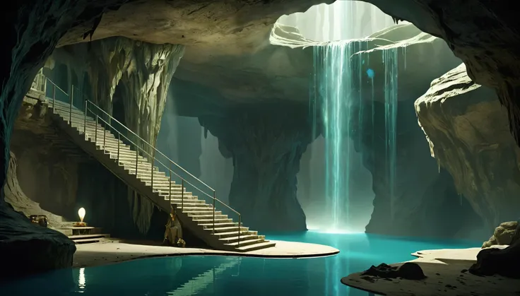 underground cave stairs.There is a leisure space，Located in a room with waterfall, fantasy setting, Luxurious environment, Underground cave environment, In a futuristic desert palace, Beautiful fantasy cave scene, futuristic setting, A cozy space hidden in...