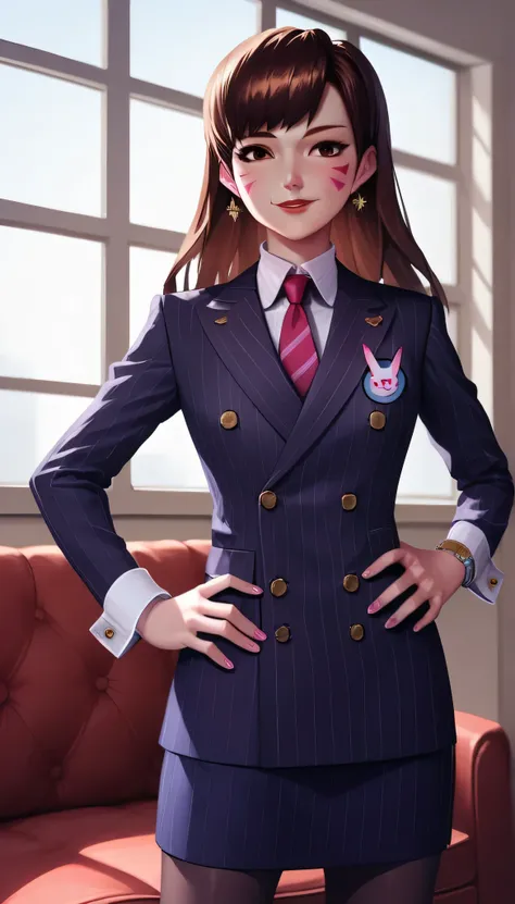 score_9, score_8_up, score_7_up, score_6_up, source_anime, double-breasted suits, d.va, 1girl, solo, brown hair, smile, pretty, ...