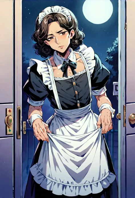 ((Maid and Landlord, 1girl_1man, night dark shadowy scene)), Maid and landlord in small closet, landlord undressing his  maid, undressing his maid, lusty landlord, innocent maid, maid with flat chest, maid with curly dark hair and brown eyes, mature clingy...