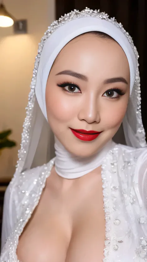((Realistic lighting, Best quality, 8K, Masterpiece: 1.3)), Clear focus: 1.2, 1 indonesian hijab girl, lolita , Perfect close up, beauty nude, naked, (white hijab, medium saggy breasts: 1.3), lace material, (indoor, night: 1.1), porn studio background, Su...