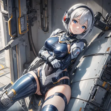 (masterpiece、Best Quality、Highest Resolution、Clear_image、Detailed details): (Whole body、A 20 year old girl、Japanese Faces、Small Face、Slender、Navy blue super short bob cut hair、(Hidden small breasts:1.3)、Sparkling blue eyes、Shiny pilot suit in white, blue a...