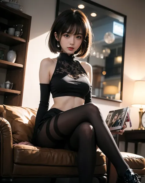 Beautiful Japanese Waifu, brunette hair, cropped black lace dress, pantyhose stockings, in lounge