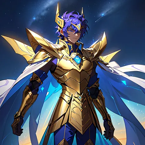 A drawing of a man in a golden and blue futuristic armor, featuring sleek plates that merge seamlessly across the body. Inspired by Knights of the Zodiac, the armors chest plate extends into large, integrated shoulder pieces that flow smoothly from the che...