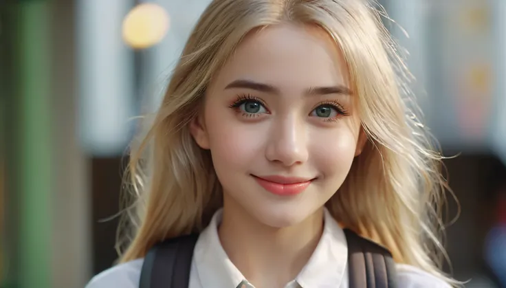 a smiling young girl with blonde hair, wearing a white shirt, carrying a backpack, beautiful detailed eyes, beautiful detailed lips, extremely detailed face and portrait, long eyelashes, high quality, 8k, hyperrealistic, masterpiece, photorealistic, cinema...