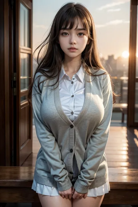 (A beautiful young girl with symmetrical facial features), (long wind-blown hair), ((wearing a school uniform with a cardigan)), bangs, thigh,looking down at the viewer, sunset lighting, (Gigantic breasts:1.4), detailed eyes, detailed lips, extremely detai...