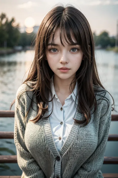 (A beautiful young girl with symmetrical facial features), (long wind-blown hair), ((wearing a school uniform with a cardigan)), bangs, thigh,looking down at the viewer, sunset lighting, ((Gigantic breasts)), detailed eyes, detailed lips, extremely detaile...