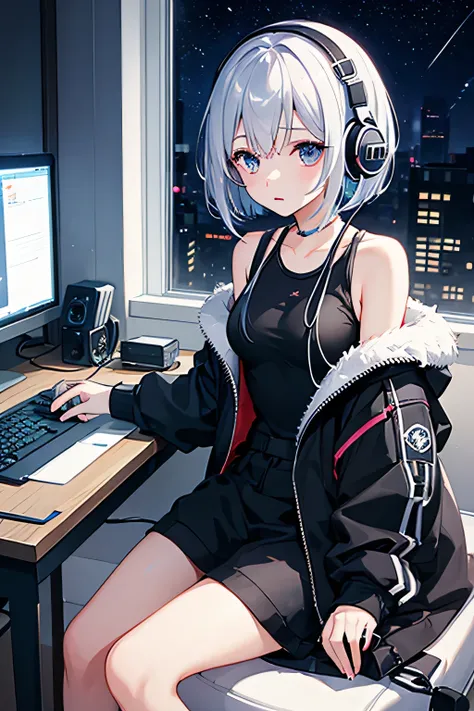 Girl with headphones on、night、moonlight、Dark Room、Operate a computer、Listening to music、Oblique angle、Silver short bob