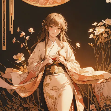 Alphonse Mucha style, unreal world, high detail illustration, Design an illustration of a young woman in a traditional Japanese kimono adorned with detailed floral embroidery. She is surrounded by a tapestry-like background of blooming flowers, evoking the...