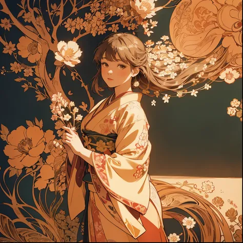 Alphonse Mucha style, unreal world, high detail illustration, Design an illustration of a young woman in a traditional Japanese kimono adorned with detailed floral embroidery. She is surrounded by a tapestry-like background of blooming flowers, evoking the...