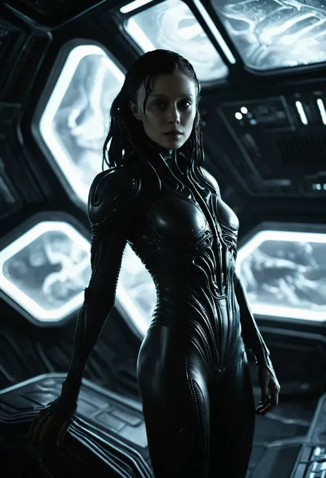 a woman in a black xenomorph alien bodysuit, in a spaceship, (best quality,4k,8k,highres,masterpiece:1.2),ultra-detailed,(realis...