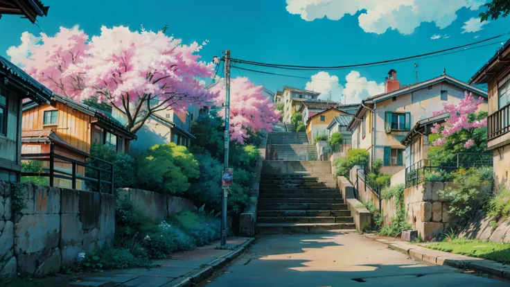 a painting of a street with stairs and flowering trees, anime. by makoto shinkai, rio de janeiro in an anime film, by makoto shinkai, by Makoto Shinkai, anime background art, anime movie background, anime scenery, style of makoto shinkai, makoto shinkai. h...