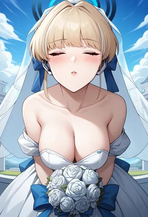 score_9, score_8_up, score_7_up, score_6_up,4k,  source_anime, solo, 1girl, toki, blonde hair, hair bun, short hair, halo,  blue bow, bow, halo, blushing, looking at viewer, wedding dress, wedding veil, off shoulder, cleavage, outdoor, sky, standing, cowbo...