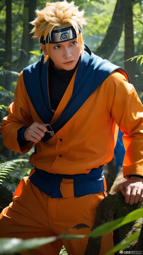 Naruto, a young shinobi with spiky blond realistic hair, piercing blue eyes, beautiful detailed face, wearing an orange and blue ninja outfit, portrait in a lush forest landscape with tall trees, dynamic ninja pose, powerful chakra aura, cinematic lighting...