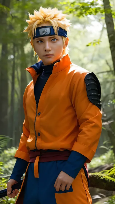 Naruto, a young shinobi with spiky blond realistic hair, piercing blue eyes, beautiful detailed face, wearing an orange and blue ninja outfit, portrait in a lush forest landscape with tall trees, dynamic ninja pose, powerful chakra aura, cinematic lighting...