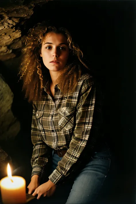 photograph of a woman, (troubled facial expression), textured skin, goosebumps, blonde afro hair, plaid flannel shirt with distressed boyfriend jeans, cowboy shot, dark and mysterious cave with unique rock formations and hidden wonders, perfect eyes, (cand...