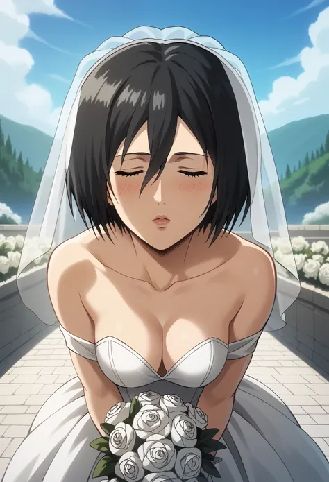 score_9, score_8_up, score_7_up, score_6_up,4k, source_anime, solo, 1girl, mikasa ackerman, black hair, black eyes, short hair, hair between eyes, blushing, looking at viewer, wedding dress, wedding veil, off shoulder, cleavage, outdoor, sky, standing, cow...