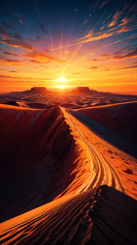 "A desert scene with towering sand dunes glowing under a bright orange sunset. The sky transitions from warm orange to deep purple, creating a striking and exotic view."