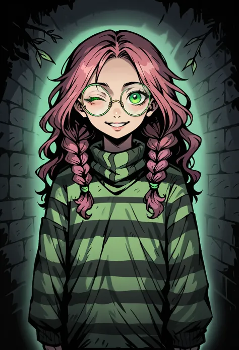Medium close-up of pale, slender girl, long wavy hair, pink korean hair with braids. Dried leaves in hair. 20 years old. Oversized round glasses. Detailed green eyes and thick eyebrow. Smiling face expresion, one eye closed, looking directly at the viewer,...