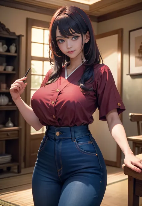 (best quality,4k,8k,highres,masterpiece:1.2),ultra-detailed, 1woman, Japanese woman, gyaru, five foot five inches tall, ginger colored hair, mole by her left eye, blue button up blouse, maroon jeans, large swollen breasts, wide hips, dancing around mid-wes...