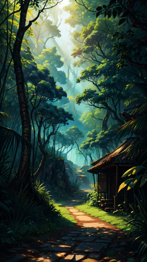 "A rainforest canopy view, framed by towering green trees and patches of sunlight breaking through. The vivid colors create a lively, exotic atmosphere."