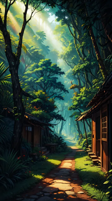 "A rainforest canopy view, framed by towering green trees and patches of sunlight breaking through. The vivid colors create a lively, exotic atmosphere."