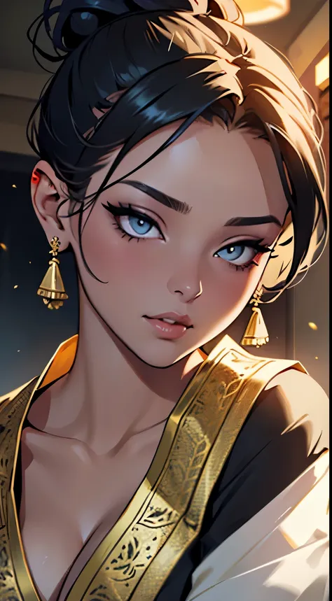 Amazing portrait of a sexy woman with her hair tied back in a low bun with her eyes emphasised by smokey eyeliner gazing at us seductively with her perfect lips parted wearing gold blouse and a white saree with gold embroidery